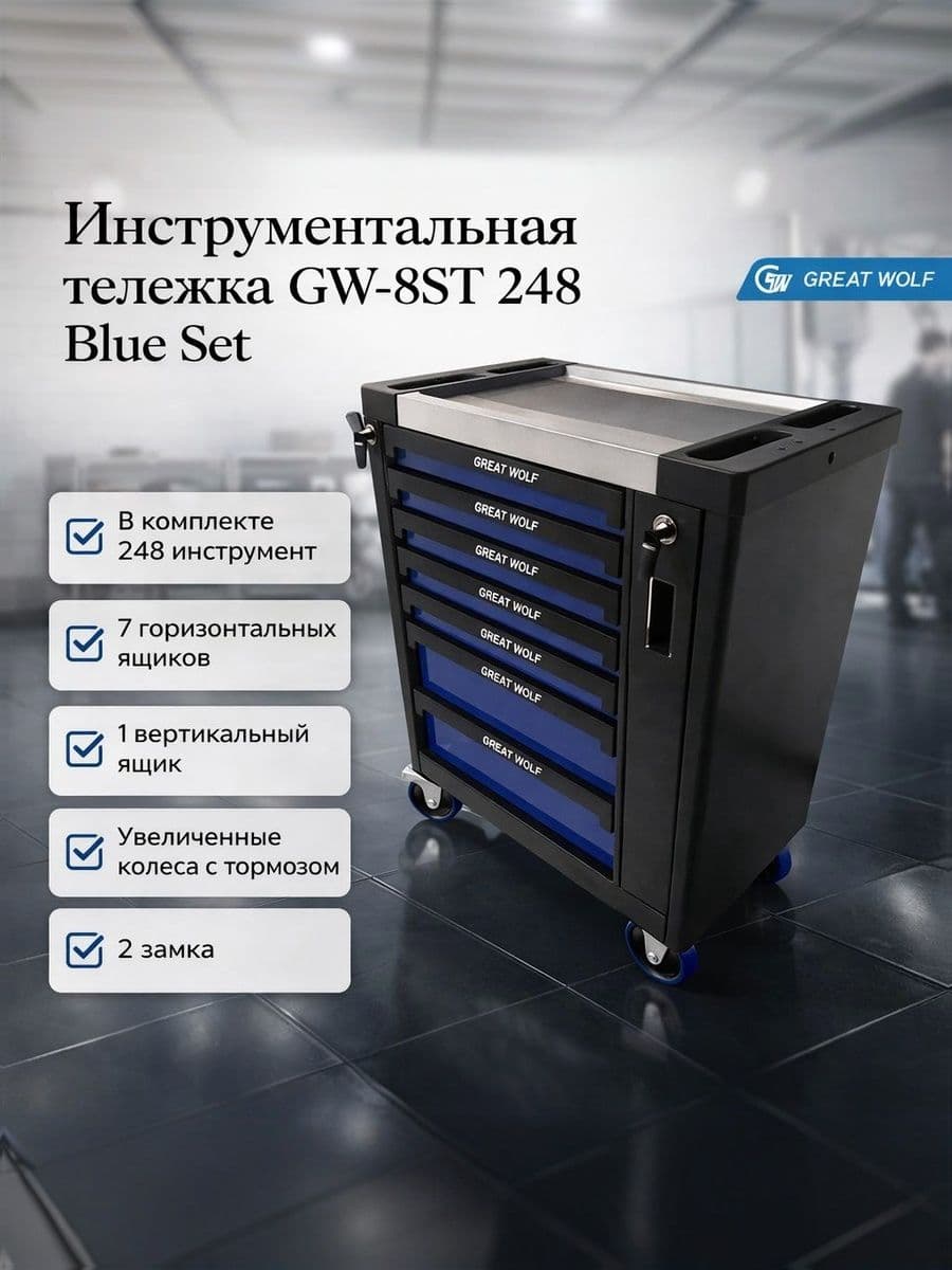 Инструментальная тележка GREAT WOLF 8 ящиков, с инструментом (248) GW-8ST 248 Blue Set